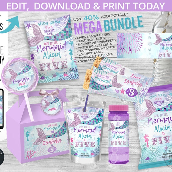 Mermaid birthday party printables, mermaid party pack, chips bags, juice, rice wrappers, bottle labels. Editable printables. 060HPA 65