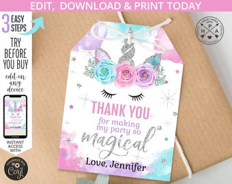 May include: A unicorn-themed gift tag with a watercolor design. The tag features a unicorn face with floral accents and the text "THANK YOU for making my party so magical." The tag is tied with twine.