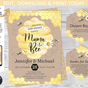 PAQUETE Invitación a fiesta de baby shower de mamá a abeja, el pequeño abejorro de miel, invitación amarilla, libros de rifa de pañales. Plantilla editable. 049HPA 45