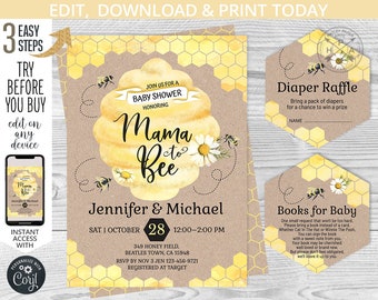 BUNDLE Mama to bee baby shower party invitation little honey bumble bee yellow invite diaper raffle books. Editable template. 049HPA 45