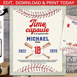 Letrero de cumpleaños de béisbol de Time Capsule, para fiestas, deportes, estrellas, novatos, bebés, 8 x 10 y tarjetas con mensajes. Imprimibles autoeditables. 191HPA 23 B