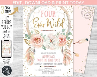 EDITABLE Fourth birthday dreamcatcher invitation. Four ever wild. Boho girl party. Instant access to the template. Edited by you. 035HPA 06