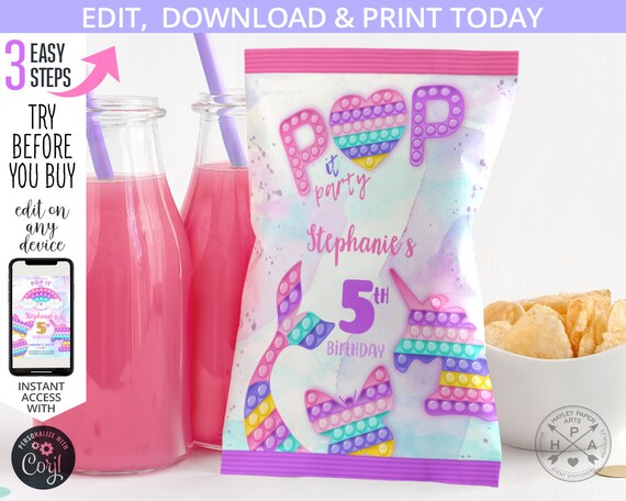 Pop it chips bag, fidget toys chip snacks pouch, wrapper, any age bubble girl unicorn mermaid birthday party editable template. 175HPA 30 G Il_570xn