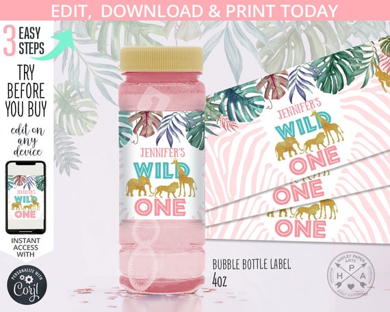 EDITABLE Jungle bubble bottle labels girl gold animals safari wild one greenery first birthday. Instant access to the template. 041HPA 32 A Il_570xn