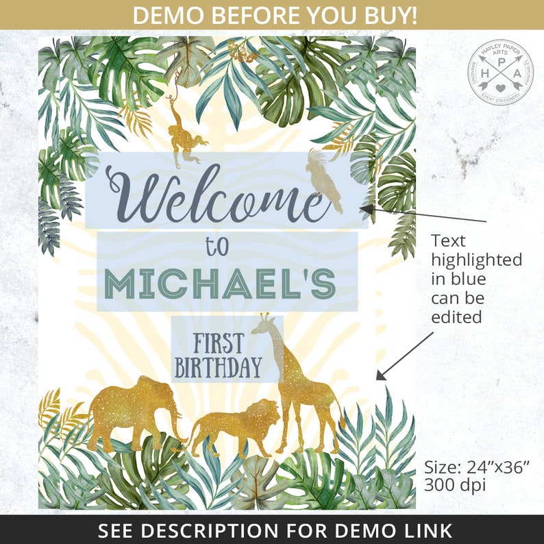 EDITABLE Jungle welcome poster sign 1st first birthday. Safari animals wild one board elephant gold sign editable template. 040HPA 16 C image 3