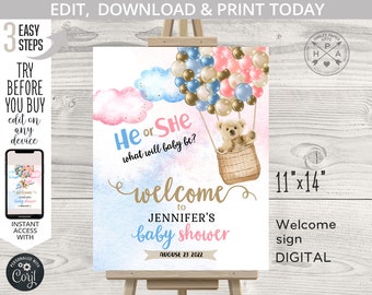 Bear balloons he or she welcome sign gender reveal shower 11x14 flying bearly wait. Balloon blue pink. Editable printable sign. 195HPA 11 B