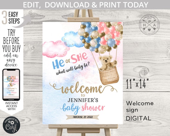 Bear balloons he or she welcome sign gender reveal shower 11x14 flying bearly wait. Balloon blue pink. Editable printable sign. 195HPA 11 B Il_570xn