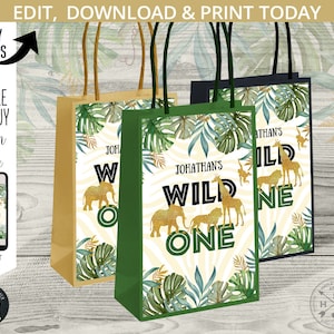 WILD ONE jungle party animals etykiety na papierowe torby złoto zielone safari pierwsze urodziny upominek uchwyt etykieta na wynos. Szablon do edycji. 040HPA 65 A