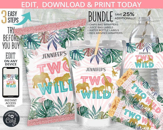 BUNDLE Jungle safari girl Two Wild chips bag, juice labels, safari rice krispies, treat pouch pink 2nd birthday. Online template. 041HPA 43 Il_570xn
