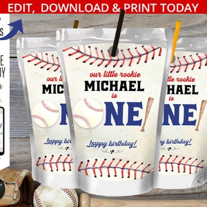 Baseball Saftbeutel Label, Capri Saftbeutel, Sportsaftbeutel, erster Geburtstag Rookie ONE Partydekoration. Bearbeitbarer Download. 191HPA 31 G