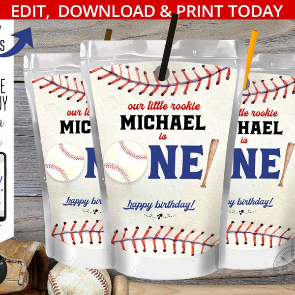 Baseball juice bag label, capri juice bags, sports juice pouch, first birthday rookie ONE party decoration. Editable download. 191HPA 31 G