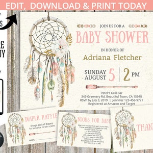 EDITIERBARE BUNDLE Dreamcatcher Baby Shower Boho Einladung. Tribal Pfeilfedern Sofortiger Zugriff auf die Vorlage. Von Ihnen angefertigt. 017HPA 03