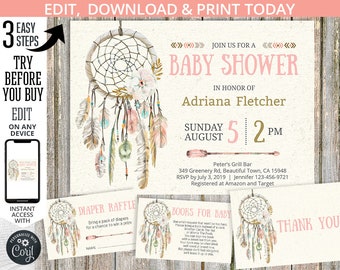 EDITABLE BUNDLE Dreamcatcher baby shower boho invitation. Tribal arrow feathers Instant access to the template. Customized by you. 017HPA 03