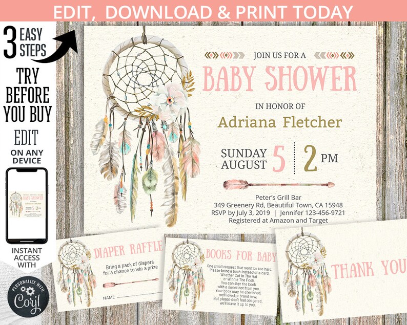 K&ouml;nnte beinhalten: Eine rosafarbene und goldene Babyparty-Einladung mit einem Traumf&auml;nger-Design. Die Einladung lautet "Join us for a Baby Shower" und "Adriana Fletcher". Datum und Uhrzeit der Party sind mit "Sonntag, 5. August, 14:00 Uhr" angegeben.
