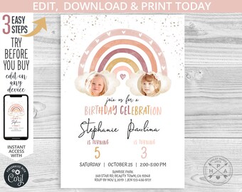 Rainbow birthday girl sisters boho joint party invitation muted dull desaturated earth colors girls bohemian. Editable printable. 184HPA 06