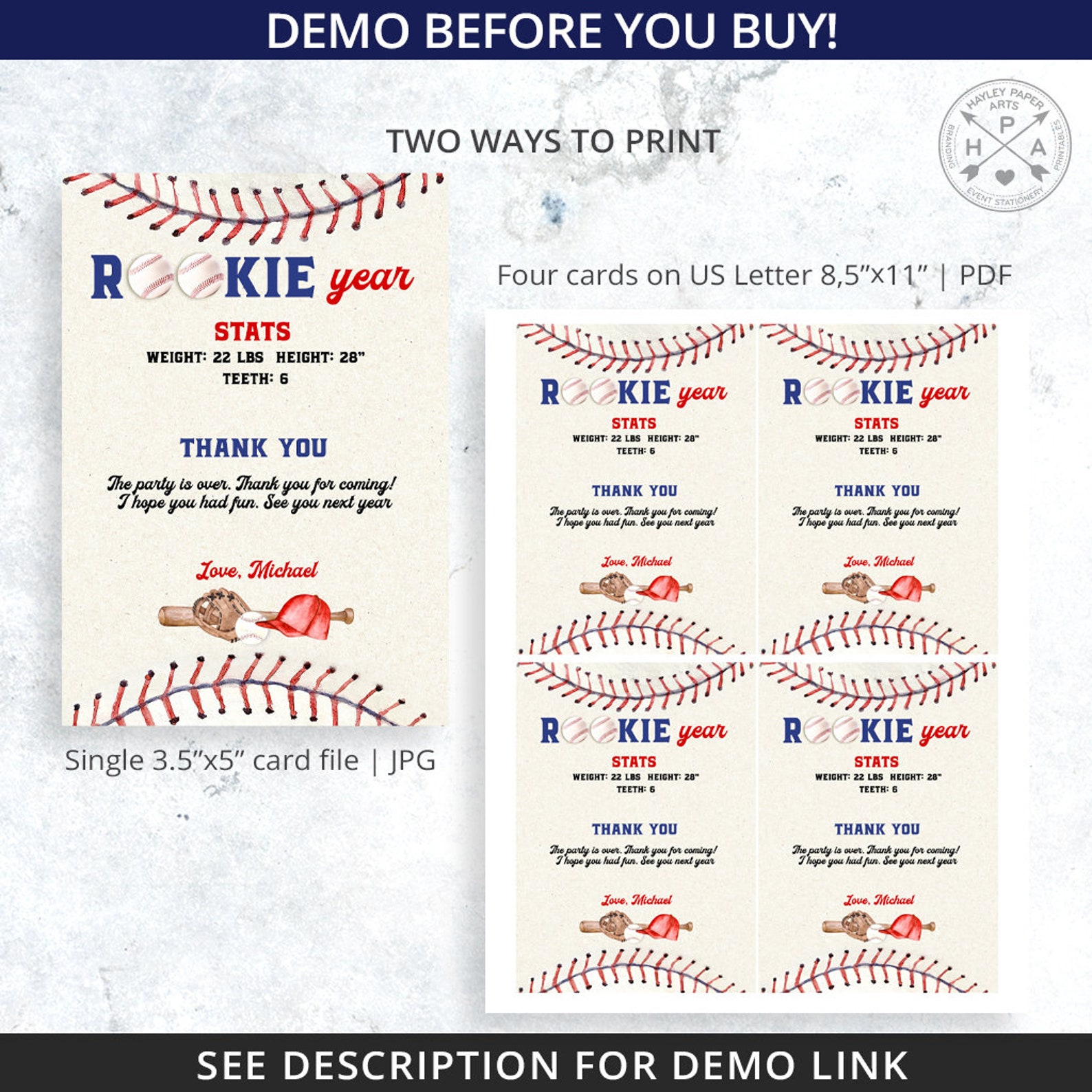 Baseball Birthday Thank You Card. Baseball 1st Year Rookie Stats Card ...