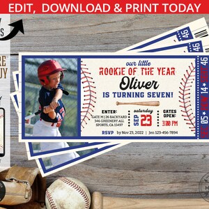 Baseball Ticket Einladung Geburtstag jedes Alter marine blau rot Jungen Foto Party einladen kleinen Anfänger Sport Ball Spiel. Bearbeitbares Design 191HPA 44 E