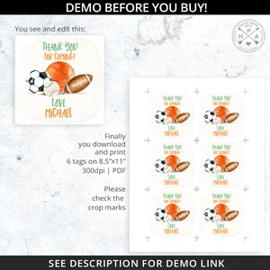 Op de afbeelding: Zes bedrukbare bedankkaartjes met een aquarel-illustratie van sportartikelen, waaronder een basketbal, een honkbal, een voetbal en een American football. De tekst "Bedankt voor je komst! Liefs, Michael" staat op elk kaartje gedrukt.