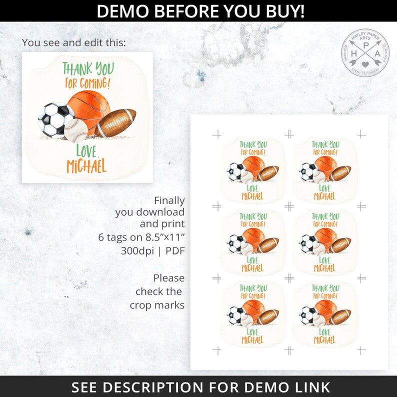 Op de afbeelding: Zes bedrukbare bedankkaartjes met een aquarel-illustratie van sportartikelen, waaronder een basketbal, een honkbal, een voetbal en een American football. De tekst "Bedankt voor je komst! Liefs, Michael" staat op elk kaartje gedrukt.