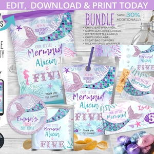 BUNDLE Mermaid chip bag, water bottle, rice krispies, treats topper, juice labels, chips can, party pack self editable printables. 060HPA 64