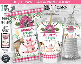 BUNDLE Farm animals pink barn chips bag, juice bags labels, water bottle label, treats pouch any age birthday. Digital printable. 150HPA 41