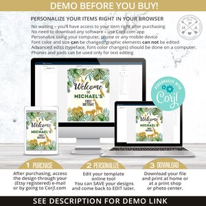 May include: A digital mockup showing how to personalize a jungle-themed first birthday welcome sign using the Corjl.com website. The sign features a green and gold color scheme with a welcome message, the name "MICHAEL'S", and the words "First Birthday".