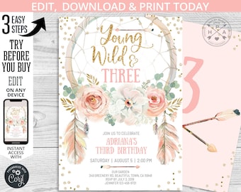 Boho third birthday dreamcatcher invitation. Young wild three. Pink gold boho girl party. Instant access to the template. 035HPA 03
