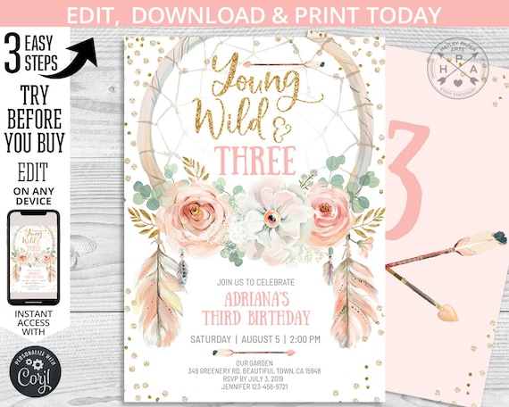 EDITABLE Third birthday dreamcatcher invitation. Young wild three. Pink gold boho girl party. Instant access to the template. 035HPA 03 Il_570xn