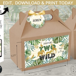 Duas etiquetas de caixa de presente Wild Jungle, etiquetas de nome de convidados. Alça de aniversário para levar. Animais dourados do Safari. Modelo editável. 040HPA 28 D