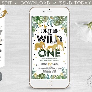 Dschungel Wilde elektronische Einladung gold Safari Tiere Geburtstag Smartphone e-vite, digitale Einladung Sofortiger Download. 400HPA E040 02 040HPA