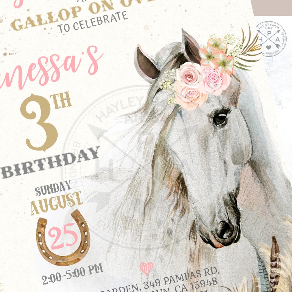Horse Cowgirl Birthday Invitation Party Floral Girl Pony Watercolor ...