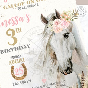 Cowgirl birthday invitation horse party floral girl pony watercolor saddle up white horse invite. Printable editable template. 176HPA 01 image 5