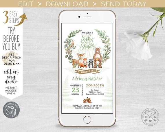 Woodland animals electronic baby shower invitation neutral forest smartphone e-vite, digital invite. Instant download. 400HPA E090 01 090HPA Il_570xn