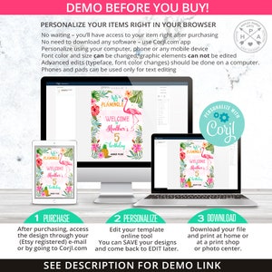 May include: A digital download for a printable sign that says "Let's Flamingle Welcome to Heather's 5th Birthday". The sign features a pink flamingo, tropical flowers, and pineapples. The sign is shown on a computer screen and a tablet. The text "Personalize with Coryl" is also shown on the image.