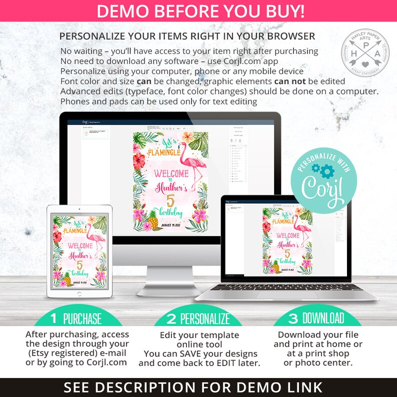 May include: A digital download for a printable sign that says "Let's Flamingle Welcome to Heather's 5th Birthday". The sign features a pink flamingo, tropical flowers, and pineapples. The sign is shown on a computer screen and a tablet. The text "Personalize with Coryl" is also shown on the image.