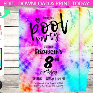 Pool party Tie Dye birthday invitation swimming summer tiedye purple pink girly tween teen hippie girl. Self editable printable. 186HPA 05
