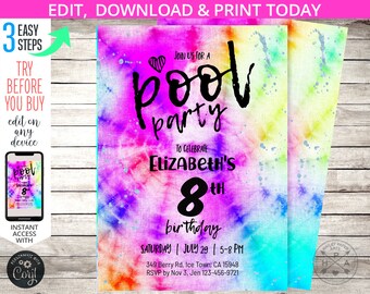 Pool party Tie Dye birthday invitation swimming summer tiedye purple pink girly tween teen hippie girl. Self editable printable. 186HPA 05