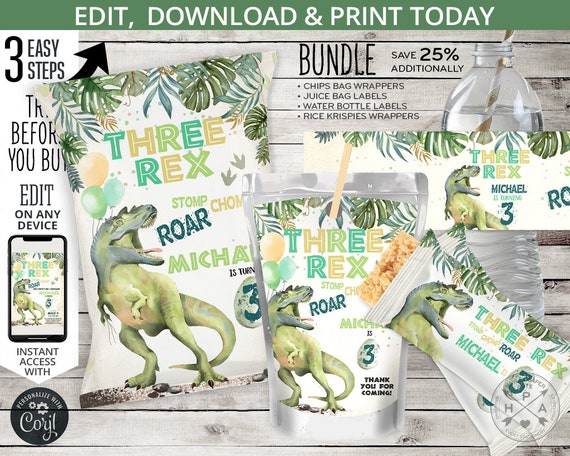 BUNDLE Dinosaur three rex chips bag, juice bags, rice krispies wrap, dino T-Rex pack third 3rd birthday. Editable printables. 132HPA 41 Il_570xn