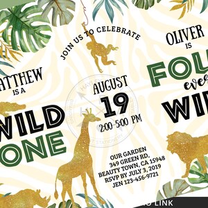 Puede incluir: Una invitaci&oacute;n a una fiesta de primer cumplea&ntilde;os con tem&aacute;tica de la selva con detalles de purpurina dorada. La invitaci&oacute;n presenta una jirafa, un le&oacute;n, un mono y un rinoceronte. El texto de la invitaci&oacute;n dice "Oliver cumple un a&ntilde;o, &uacute;nase a nosotros para celebrar el 19 de agosto, de 2:00 a 5:00 PM, Nuestro jard&iacute;n, 349 Green Rd, Beauty Town, CA 15948, RSVP antes del 3 de julio de 2019, Jen 123-456-9721".