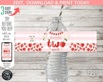 Strawberries TWO sweet water bottle label birthday berry second girl party summer fruit farm drink labels. Editable printables. 223HPA 12 B