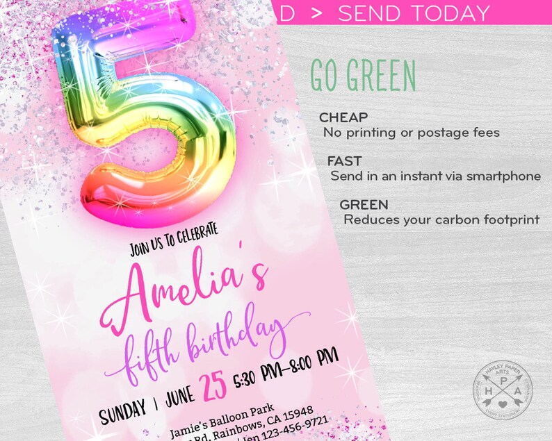 May include: Pink birthday invitation with a rainbow foil number 5 balloon. The invitation says "Join us to celebrate Amelia's fifth birthday" and includes the date, time, and location of the party. The invitation also has a glitter background.