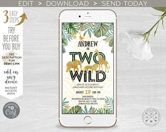 Jungle two wild electronic invitation gold safari animals birthday smartphone e-vite, digital invite Instant download. 400HPA E040 06 040HPA