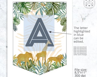 editable jungle alphabet all letters banner garland safari etsy