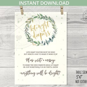 Late night luiers babyshower klein 5x7 tafelbord. Groen krans boho eucalyptusbladeren. Directe download. Niet bewerkbaar. 111HPA 22 A