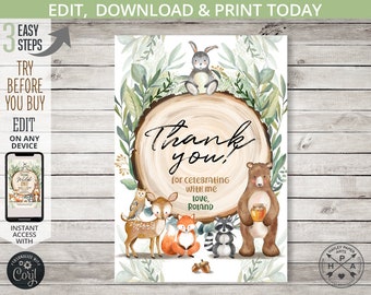 Woodland thank you card 3.5x5 forest animals greenery wreath bunny honey bear party favor thanks girt card. Editable printable. 093HPA 10 B