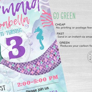 May include: A mermaid-themed birthday invitation with a purple and green mermaid tail, a purple number 3, and the text "Happy Birthday Isabella is turning 3". The invitation also includes the date and time of the party, "August 2:00-5:00 PM", and the text "Please join us".