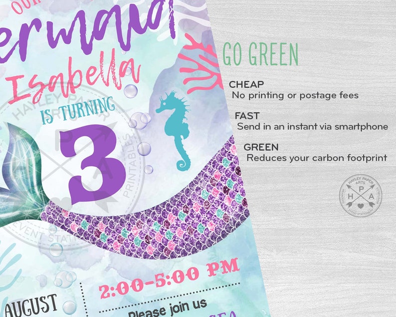 May include: A mermaid-themed birthday invitation with a purple and green mermaid tail, a purple number 3, and the text "Happy Birthday Isabella is turning 3". The invitation also includes the date and time of the party, "August 2:00-5:00 PM", and the text "Please join us".