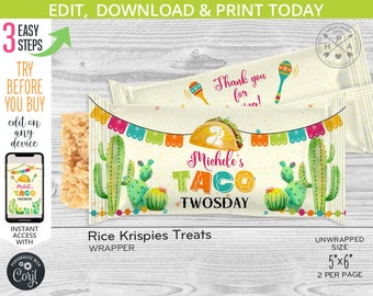 TACO twosday rice krispies treats label, fiesta party favors, second girl birthday rice crispy krispy treat. Editable printable. 116HPA 32 C