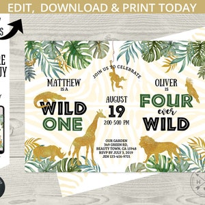 Puede incluir: Una invitaci&oacute;n a una fiesta de cumplea&ntilde;os con tem&aacute;tica de la jungla con animales de purpurina dorada, hojas verdes y fondo blanco. El texto dice "Matthew is a Wild One" y "Oliver is Four Ever Wild".