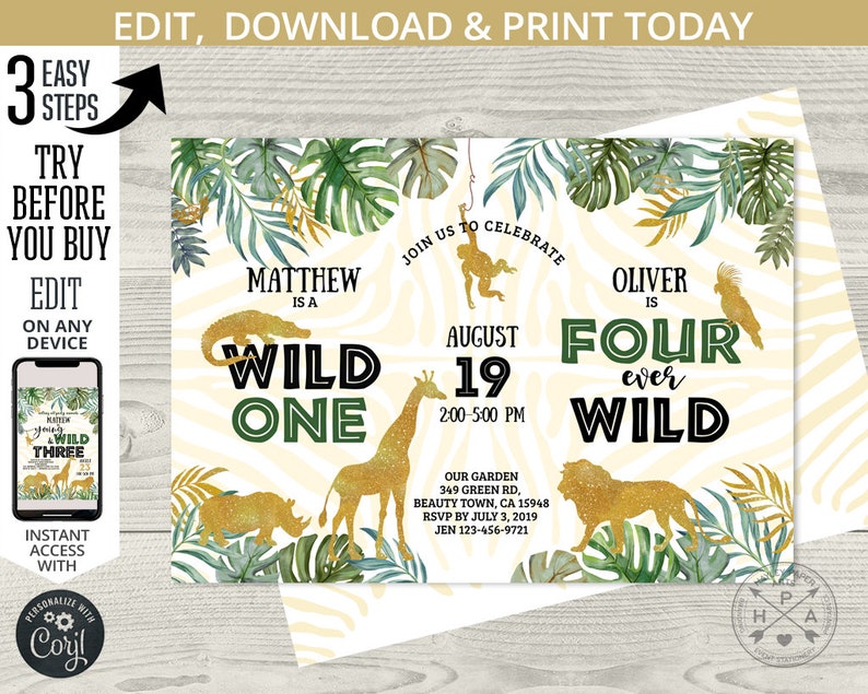 Puede incluir: Una invitaci&oacute;n a una fiesta de cumplea&ntilde;os con tem&aacute;tica de la jungla con animales de purpurina dorada, hojas verdes y fondo blanco. El texto dice "Matthew is a Wild One" y "Oliver is Four Ever Wild".